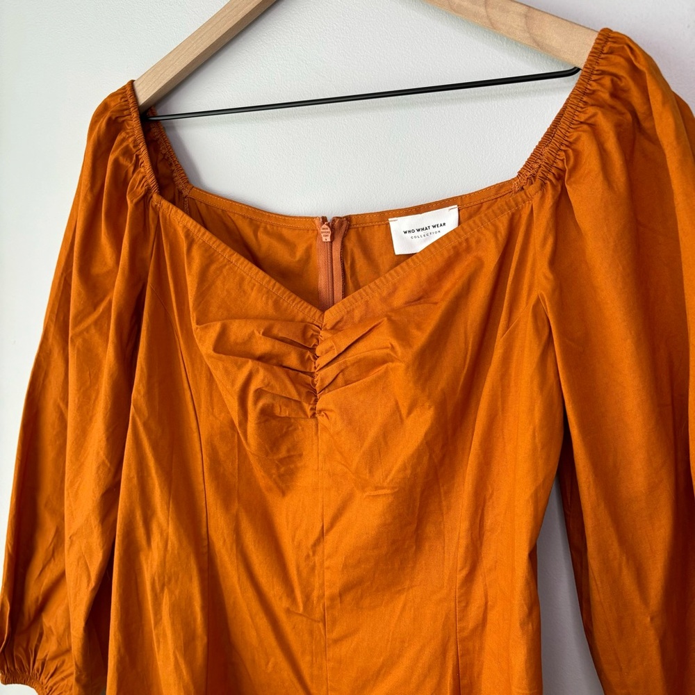 Who What Wear Ruched Dress Medium Peasant Puff Cottage Fairy Midi Orange Boho - Picture 5 of 11